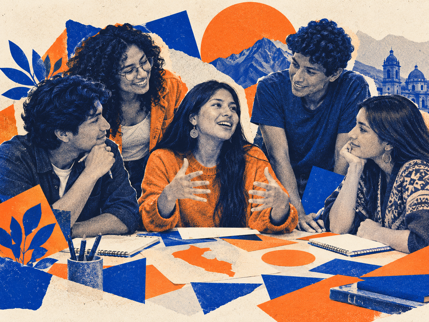 Ilustración de jóvenes peruanos intercambiando ideas y construyendo propuestas en equipo